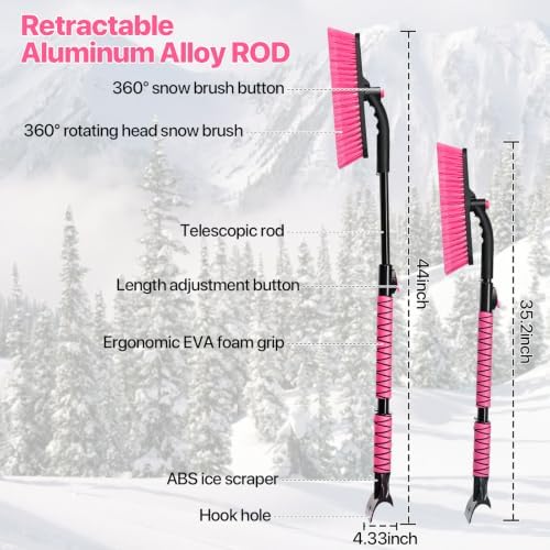 44" Snow Brush and Ice Scrapers Detachable, 360° Pivoting Soft Bristle Head - Image 4