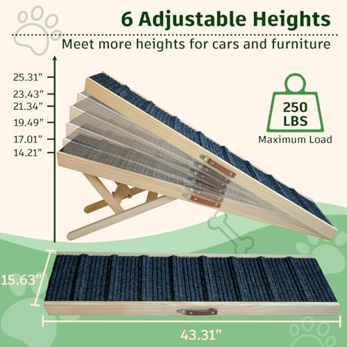 Dog Ramp for Bed, 43.5" Long Wooden Foldable Dog Ramp, 6 Adjustable Heights - Image 2