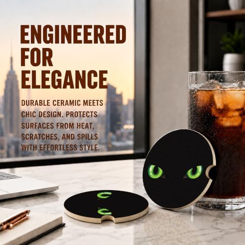 Black Cat Green Eyes Car Coasters, Dark Spooky Gothic Cup Holders - Image 5