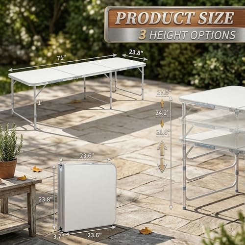 6ft Portable Folding Table, Lightweight 3-Fold Outdoor Picnic Table - Image 3