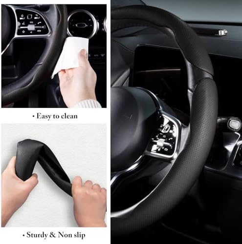 Car Steering Wheel Cover Leather 14.5-15 in Universal 3Pcs Set Black - Image 6