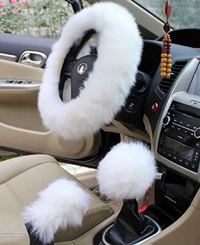 White Fluffy Sheepskin Car Steering Wheel Covers by Yontree