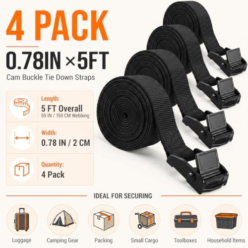4-Pack Lashing Straps with Buckles, 0.78 Inch x 5 Feet - Image 2