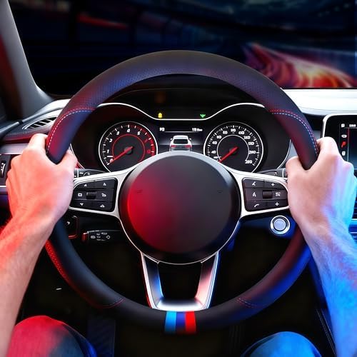Leather Car Steering Wheel Cover, Tricolor Sporty Style, Breathing Laser - Image 6