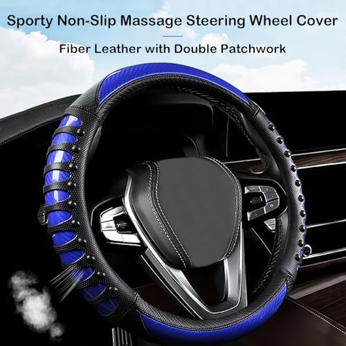 3D Massage Blue Carbon Fiber Leather Steering Wheel Cover, 14.5-15 Inch - Image 3
