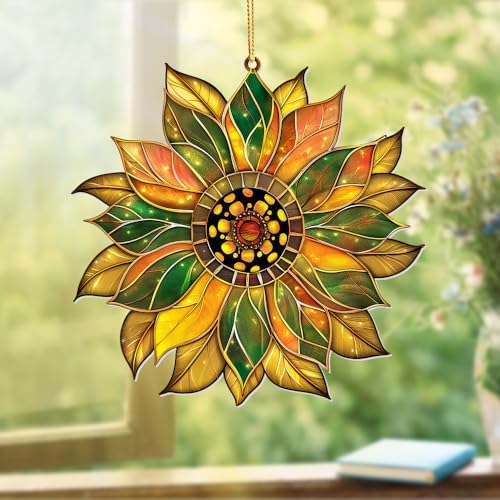 Stained Glass Acrylic Sunflower Ornament – Colorful Glass Sun Catcher - Image 2