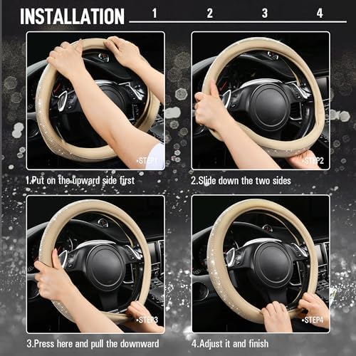 CAR PASS Bling Diamond Beige Leather Steering Wheel Cover - Image 6