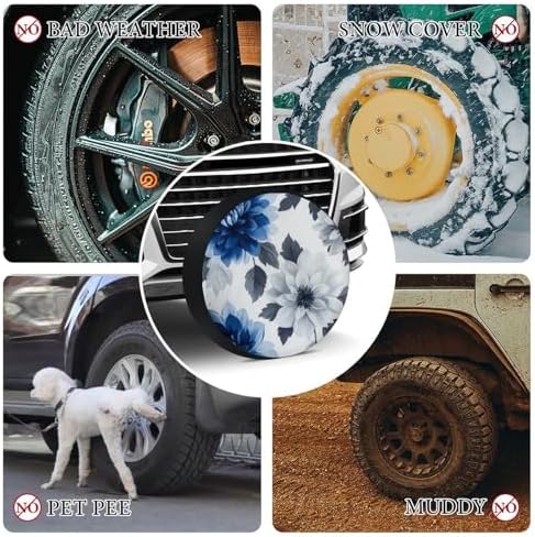 Camping Spare Tire Cover Blue and Grey Dahlia Flower Wheel Tire Covers - Image 7
