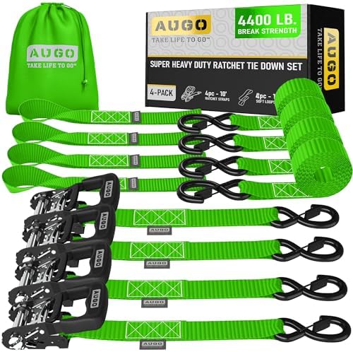 AUGO Heavy Duty Ratchet Straps & Soft Loops – Pack of 4 Extra Strong 1.5” by by AUGO