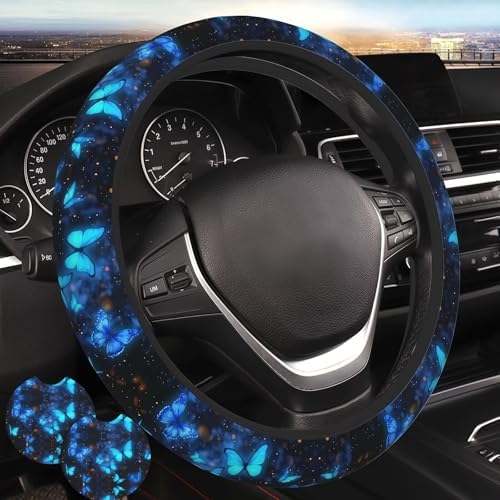 Butterfly Blue Steering Wheel Cover + 2 Cup Coasters by Unknown