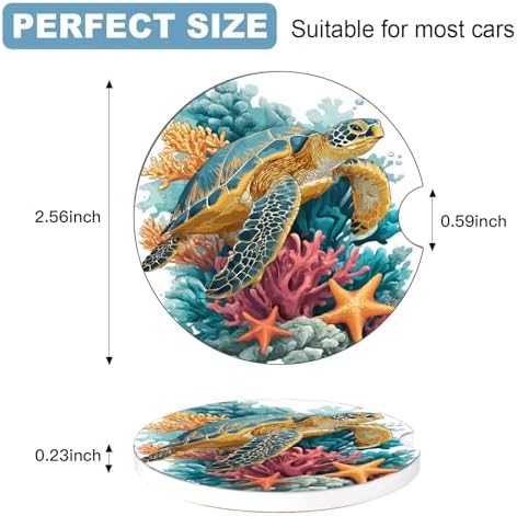 Ceramic Car Cup Holder Coasters Set of 2, 2.56 in Blue Turtle - Image 2