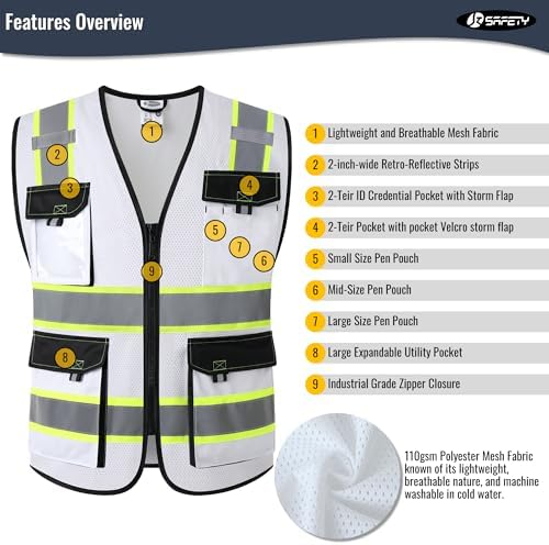 JKSafety Safety Vest for Men Women Hi Vis Reflective Vest JK220 White M - Image 4