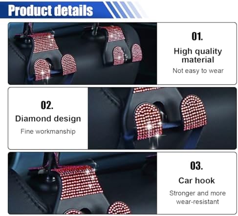 LAINLOY 2PCS Car Seat Headrest Hooks, Shiny Crystal Hanger Holder, Backseat - Image 3