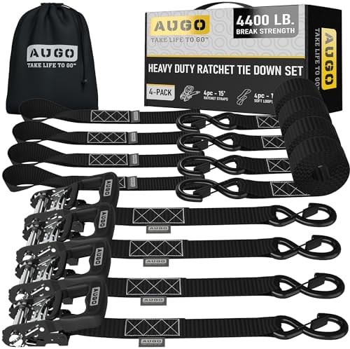 AUGO Heavy Duty Ratchet Straps & Soft Loops – Pack of 4 Extra Strong 1.5” by by AUGO