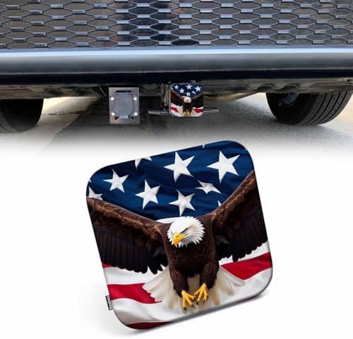 Trailer Hitch Cover for 2" Receivers Bald Eagle, American Flag Waving Flying by Beabes