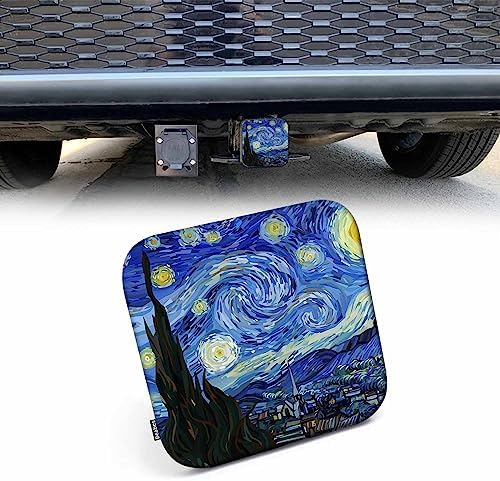 Hitch Cover 2" Starry Night, Van Gogh Moon Mountain Village Painting Rubber by Beabes
