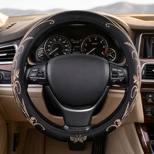 Beige Embroidery Butterfly Car Steering Wheel Cover, 14.5-15 Inch Universal by ExquisiteCarAccessories