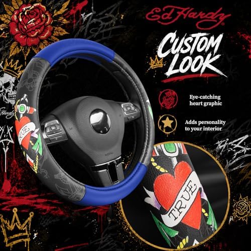 ED HARDY Heart Print Steering Wheel Cover, Fits 14.5-15.5 Inch Steering Wheels - Image 3