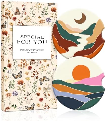 Swooflia Elegant Ceramic Car Coasters Boho Landscape Cup Holder Coasters by Swooflia