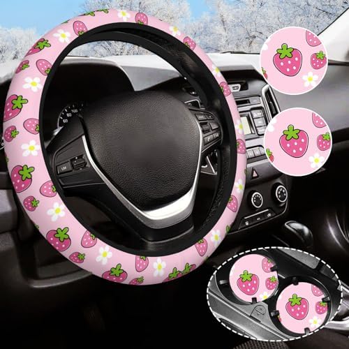 Cute Strawberry Steering Wheel Cover Anti-Slip and Practical 14.5-15 Inch by Olemier