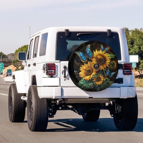 Sunflowers and Blue Butterflies Spare Tire Cover - Image 2