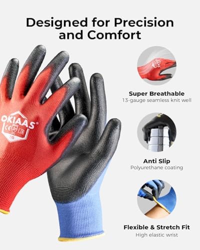 OKIAAS PU Coated Work Gloves Men, Ultra Grip & Lightweight, 12 Pairs Bulk - Image 2