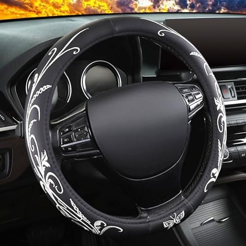White Embroidery Butterfly Car Steering Wheel Cover, 14.5-15 Inch Universal - Image 2