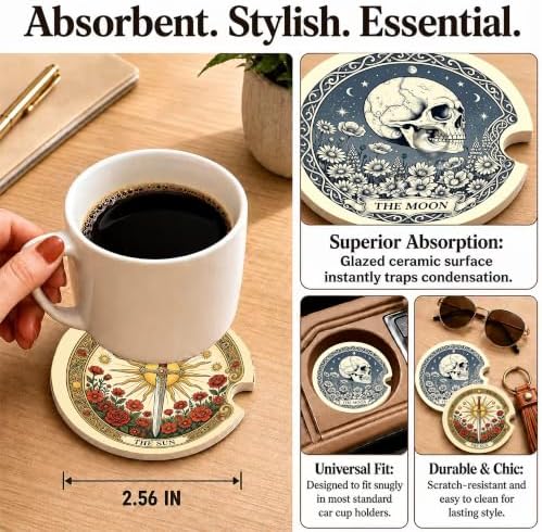 Tarot Card Sun Moon Car Coasters, Retro Skeleton Floral Cup Holders - Image 3