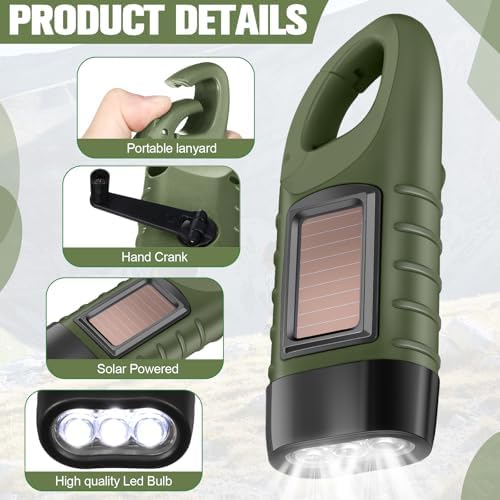 Leelosp 2 Pcs Hand Crank Solar Flashlight Emergency LED, Army Green - Image 3