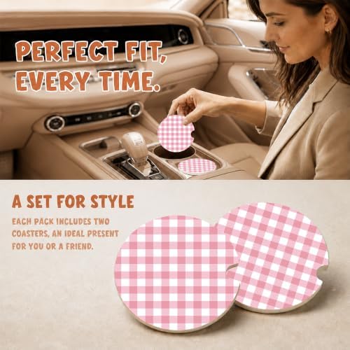 Pink Buffalo Plaid Car Coasters Set of 2, Coquette Preppy Cup Holders - Image 2