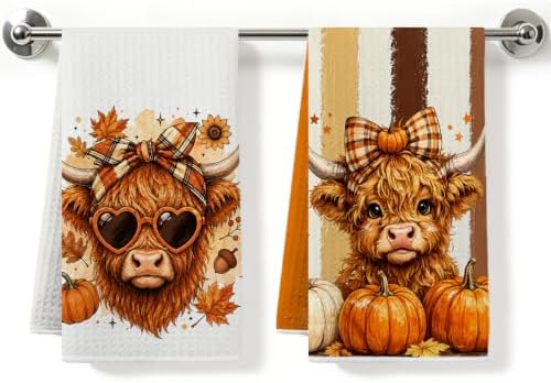 2 Pcs Fall Highland Cow Kitchen Towels, Striped Soft Absorbent Hand Towels by ZHAMEN