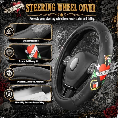 ED HARDY Heart Print Steering Wheel Cover, Fits 14.5-15.5 Inch Steering Wheels - Image 4
