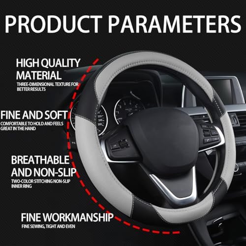 BESULEN 15 Inch Steering Wheel Cover Soft Leather Protector Black/Gray - Image 6