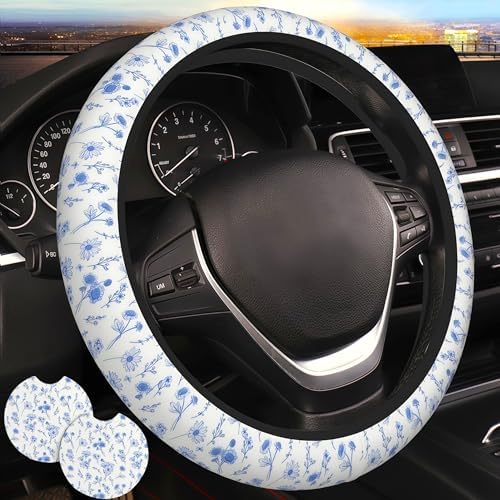 Flower Blue Steering Wheel Cover 15in Cute Women 2 car Cup Coasters by Unknown