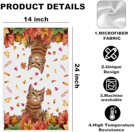 Cute Cat Autumn Decor Kitchen Towels, Fall Decorations Waffle Hand Towels - Image 2