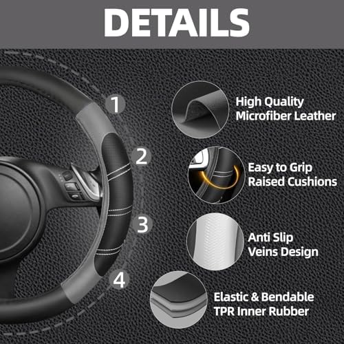 NBTEPEM 10 Pcs Grey Car Floor Mats Full Set & Sport Leather Grey Steering Wheel - Image 2