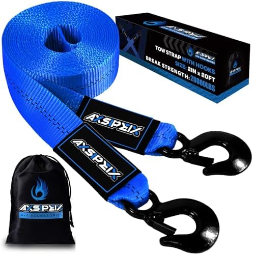 Nylon Tow Strap with Hooks Heavy Duty, 2”x20’ Recovery Rope Car Tow Strap by AXSIPEIX