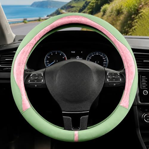 Pink & Green Patterned Leather Patchwork Steering Wheel Cover, 14.5-15 Inch by ExquisiteCarAccessories