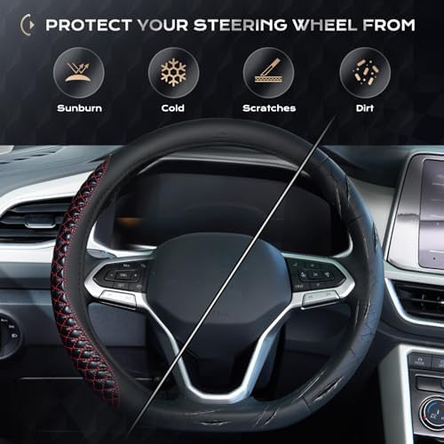 Coverado Car Steering Wheel Cover, Nappa Leather Black & Redline Steering Wheel - Image 6