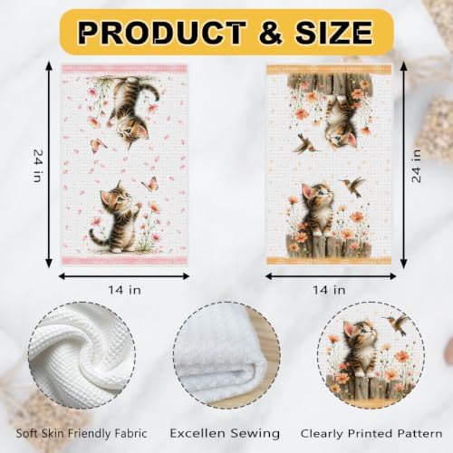 2 Pcs Cute Cat Kitchen Towels, Cat Theme Soft Absorbent Hand Tea Towels 02 - Image 3