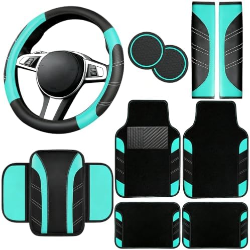NBTEPEM 10 Pcs Car Floor Mats Full Set & Sport Leather Steering Wheel Cover by NBTEPEM