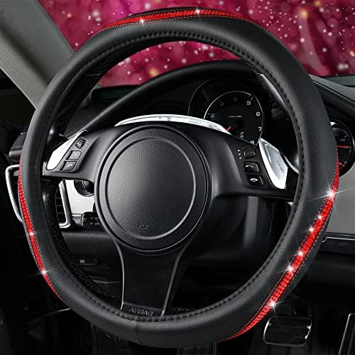 CAR PASS Bling Diamond Black Leather Steering Wheel Cover, Studded Crystal - Image 3