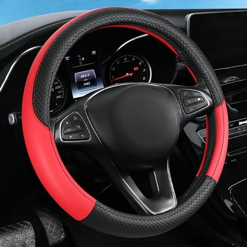 Leather Patchwork Black Red Steering Wheel Cover, 14.5-15 Inch Non-Slip - Image 2