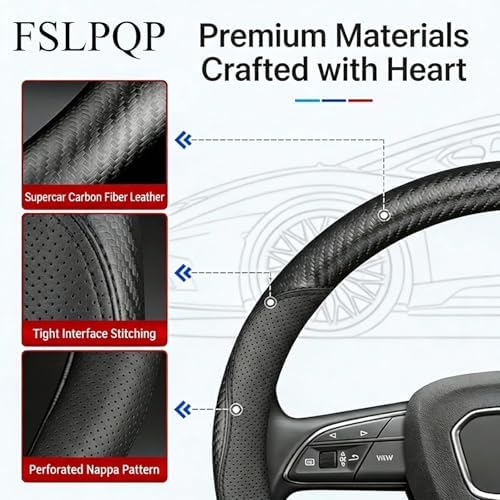 Microfiber Leather Steering Wheel Cover, Round Carbon Fiber Black Wire Trim - Image 3