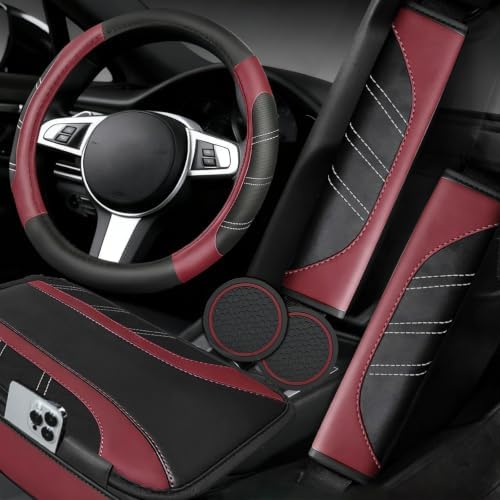 NBTEPEM 6 Pcs Burgundy Red Steering Wheel Cover Set, Sport Microfiber Leather by NBTEPEM