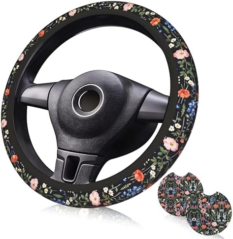 Wildflower Car Steering Wheel Cover 15 in, 2 Cute Floral Car Coasters by Unknown