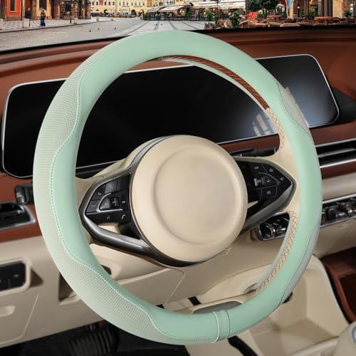 Nappa Leather Ice Silk Fabric Green Steering Wheel Cover by Binsheo