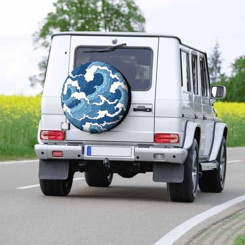 Blue and White Wave Spare Tire Cover 15 inch Wheel Japanese Abstract Protectors - Image 6