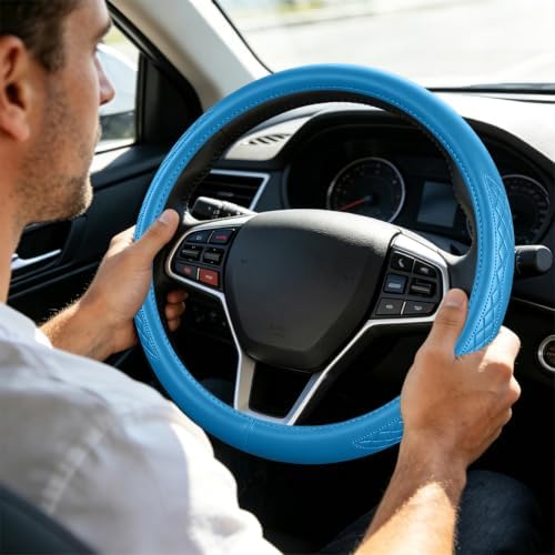 AUCELI 14.5-15 Inch Steering Wheel Cover Non-Slip Leather, Light Blue - Image 6