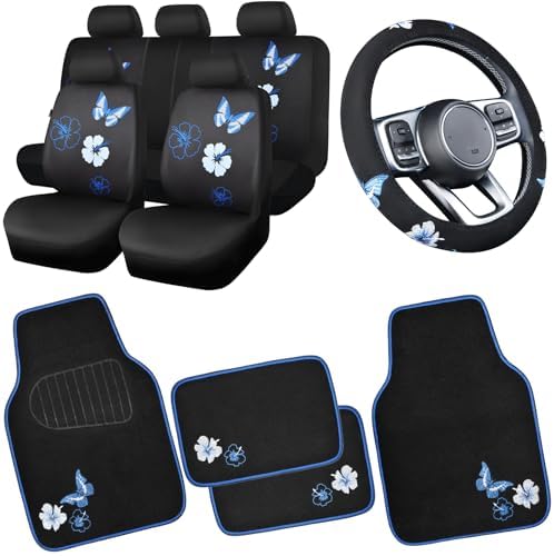 CAR PASS Blue Butterfly Car Seat Covers Full Set, Embroidered Flower Waterproof by CARPASS